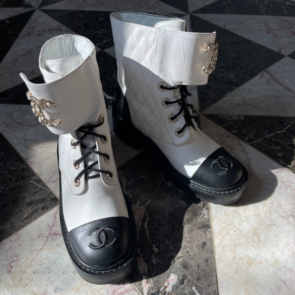 Chanel Matelasse Lambskin Calfskin Quilted Lace Up Combat Boots 